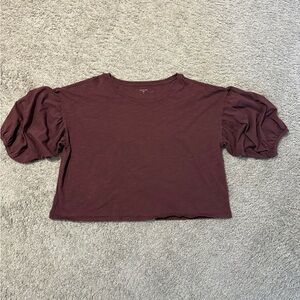 Garnet Hill Burgundy Puff Sleeve Oversized Crop Top Small